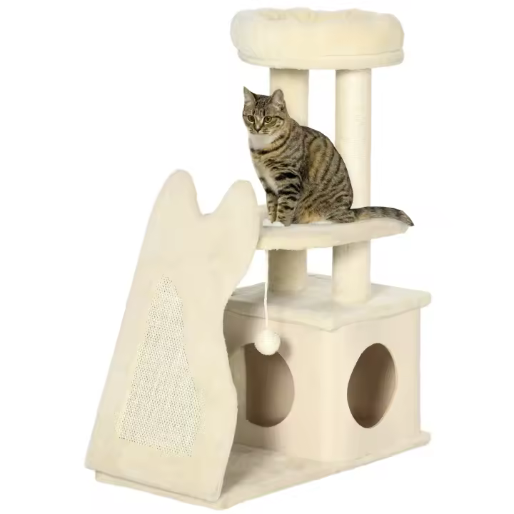 PawHut Árbol Rascador para Gatos Pequeños Altura 83 cm Torre para Gatos con Cama Cueva Plataforma Bola Colgante Postes y Rampa de Sisal 60x30x83 cm Beige - 1