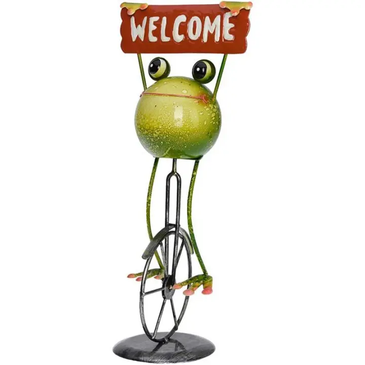 Koopman Figura Decorativa Ranita en Monociclo Welcome Verde 36,5x12x11 Cm - Estatua de Metal para Decoración de Jardín - 1