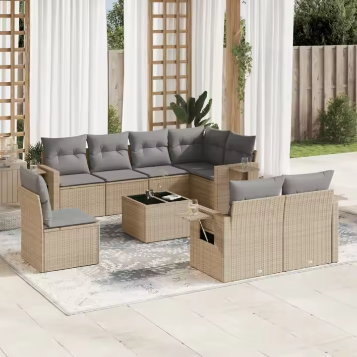 vidaXL Set de sofás de jardín 9 pzas con cojines ratán sintético beige - 1