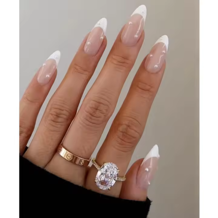 24 piezas de uñas postizas Cortas with Perlas ovaladas, Diseño de Prensa Francesa Blanca, uñas postizas Cortas y brillantes, uñas postizas con forma de Almendra para Mujeres - 1