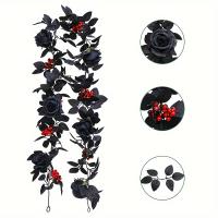 1pc Guirnalda De Rosas Negras Artificiales Con Eucalipto Y Bayas Rojas Gypsophila Verde Falso Eucalipto Para Halloween Decoración De Navidad - details 0