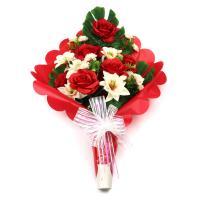 Ramo de Flores Artificiales de Tela para Cementerio arcoirsl - Composición de Rosa Dalia Rojo - Medidas 48 x 58 cm aprox - Ideal para Todos los Santos - Resistente a Intemperie y Duradero - Disponible con Envoltorio en Varios Colores - details 0