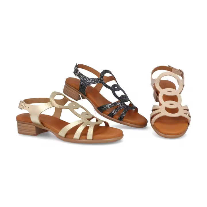 1388 - BDA SANDALIAS DE TACÓN  COLORES : NEGRO , ORO , BEIGE  TALLAS : 35 AL 41  CORTE EXTERIOR : PIEL  FORRO INTERIOR : PIEL  PLANTILLA : PIEL / GEL    ALTURA TACÓN / CUÑA : 3 CM.  PISO : SINTÉTICO - 1