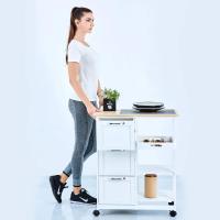 Carro de cocina con ruedas, práctico carro de servicio con 3 cajones y 3 niveles de almacenamiento, encimera de madera, estilo rústico en elegante blanco, isla de cocina 67x37x84 cm para optimizar tu espacio, Anaterra - details 4