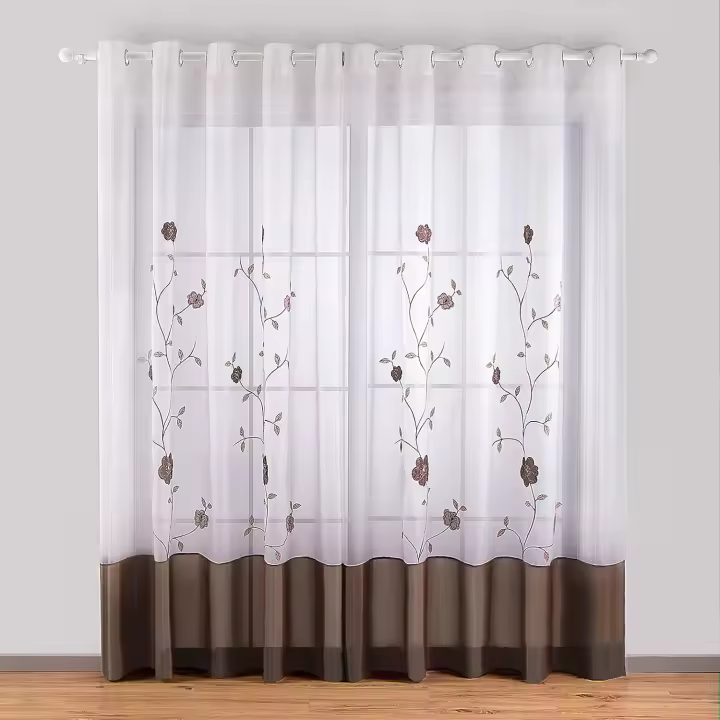 pieza de cortinas transparentes con bordado floral y ojales en la parte superior para dormitorio, cocina, sala de estar, 140 cm x 245 cm, color marrón - 1