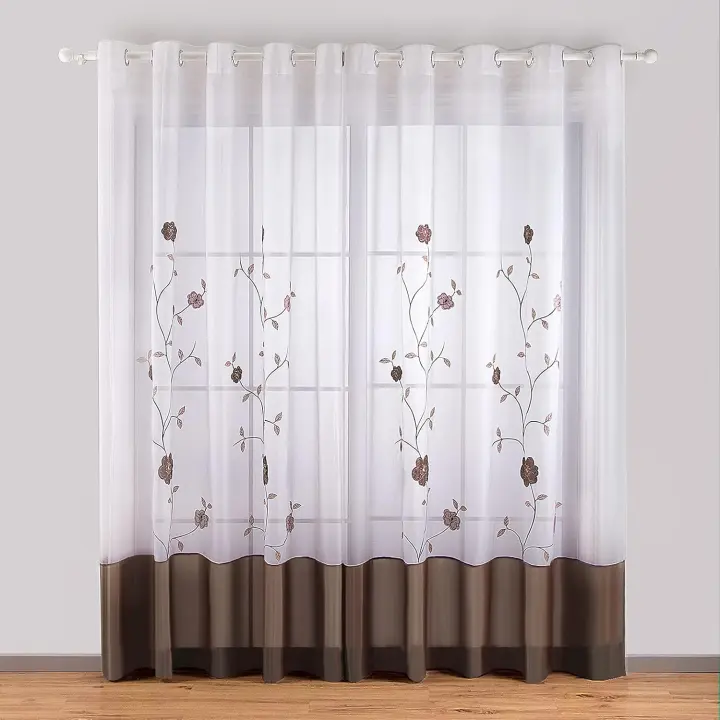 Juego de 2 cortinas con ojales, visillos con bordado floral para dormitorio, cocina, salón, 140 cm x 175 cm, marrón soleado - 1