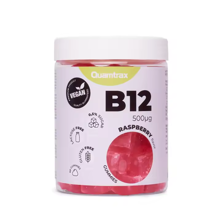 Vitamin B12 Gominolas 60 unidades, 500 µg por dosis, sabor frambuesa, sin gluten, sin lactosa, aptas para veganos. QUAMTRAX - 1