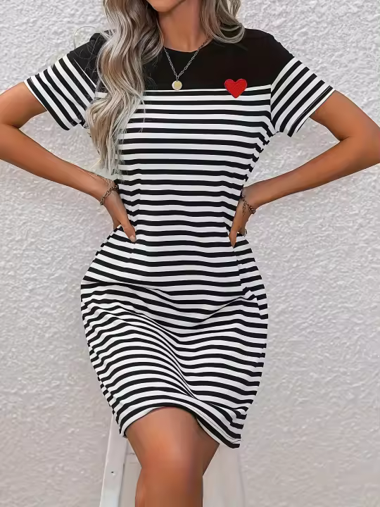 Vestido De Punto Casual Con Cuello Redondo Rayado Negro Y Blanco Bloque De Colores Para Mujer Vestido De Rodilla Estación De Verano - 1
