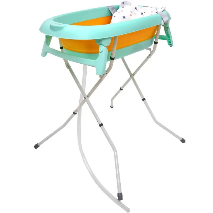 Bañera plegable bebé con patas antideslizantes y cojín – Bañera bebe plegable con patas – Incluye tubo de desagüe y accesorios. Compacta y segura - 1