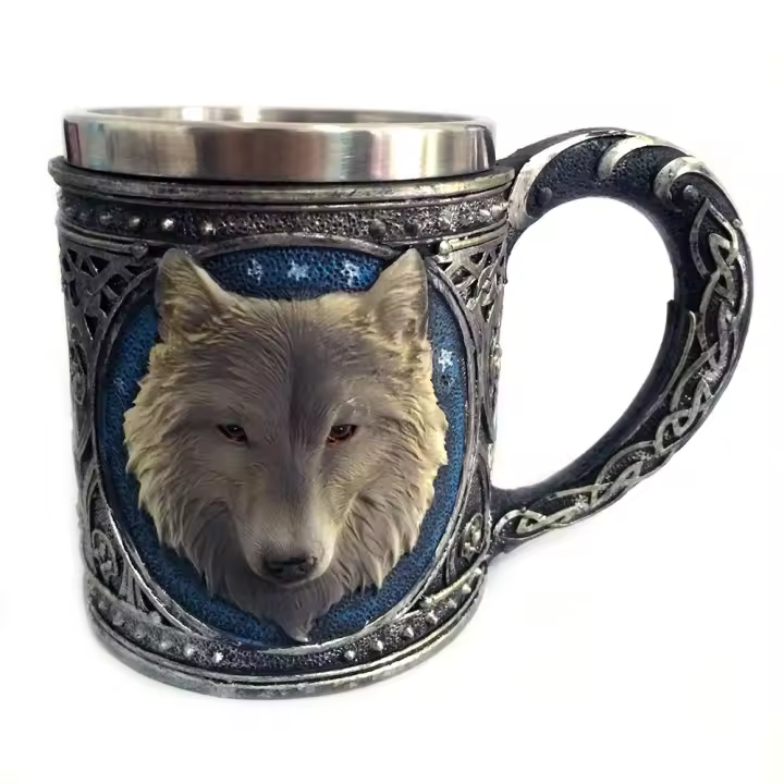 taza para café con lobo, resina de acero inoxidable, tazas para viajes, té, vino y cerveza, acero inoxidable, Mug - 1