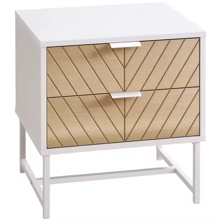 HOMCOM Mesilla de Noche Mesita de Noche de 2 Cajones y Patas de Acero Estilo Moderno Mesita Auxiliar para Salón Dormitorio 45x39x48 cm Blanco y Roble - 1