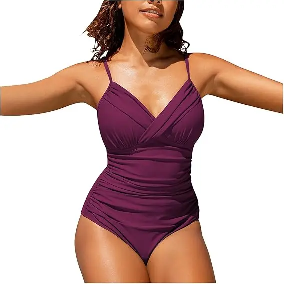 Traje de baño sexy de una pieza con cuello en V y tirantes finos para mujer, fruncido y control de barriga. - 1