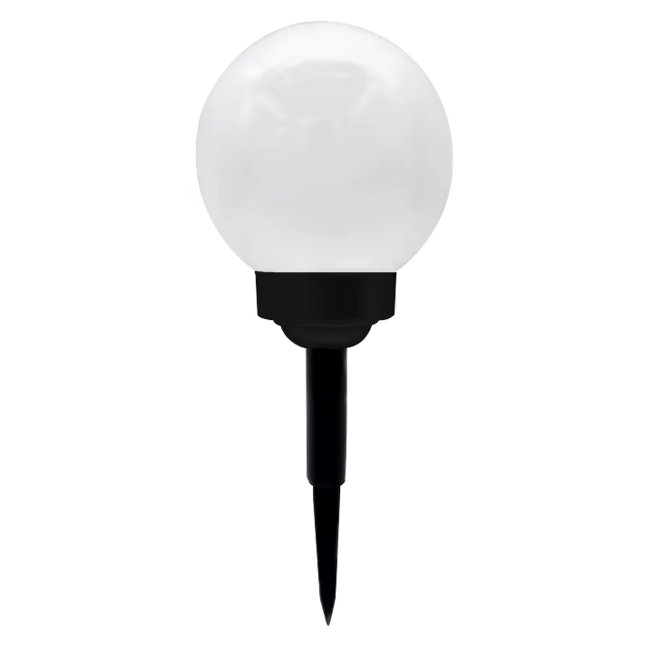 Pincho solar  KIRA en color NEGRO con tulipa de bola en color blanco. Realizado en policarbonato, posee tecnología LED INTEGRADO, 50 lúmenes y una temperatura de luz de 5000K, blanco frío. Pequeño panel solar oculto con sensor crepuscular. - 1