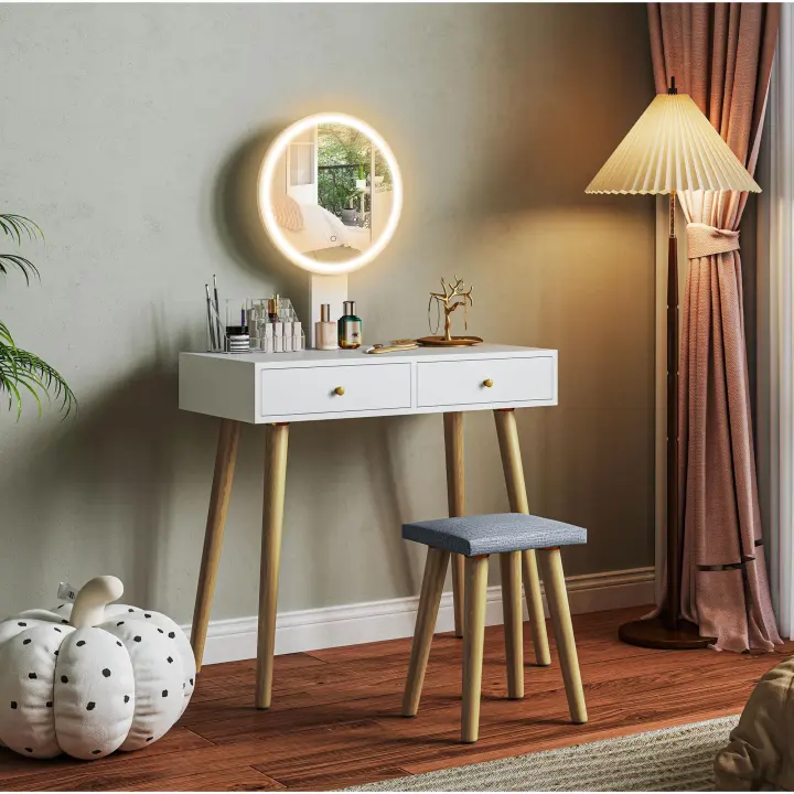 HOMCOM Tocador de Maquillaje con Luz LED y Taburete Mesa de Maquillaje con Espejo Brillo Ajustable 3 Colores 2 Cajones y Organizador Tocador Moderno para Dormitorio 80x43x133 cm Blanco - 1