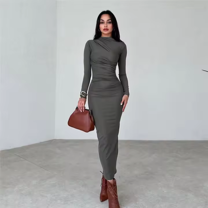 Vestido De Color Sólido Con Cuello Redondo Y Mangas Largas a La Moda Para Mujeres Ajustado a La Figura Vestido Largo Hasta La Rodilla - 1