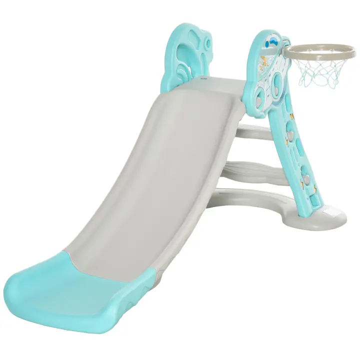 HOMCOM Tobogán Infantil +18 Meses Plegable Modelo Ovni con Canasta de Baloncesto y 3 Escalones Juguete para Interior y Exterior 140x87x75 cm Azul y Gris - 1