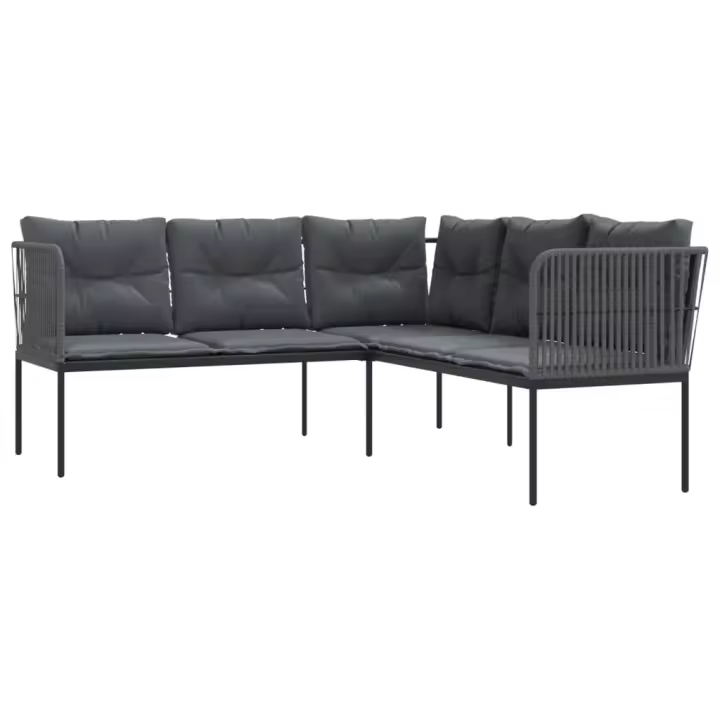 vidaXL Sofá de jardín con cojines forma de L acero y textileno negro - 1