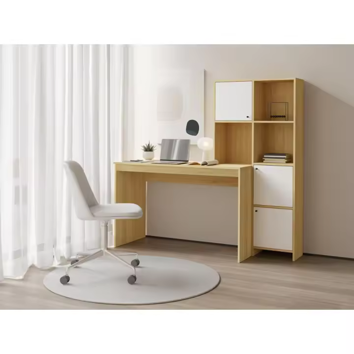 Vente-unique - Escritorio con 3 armarios y 3 estantes - Color: Natural y blanco - ALIOBINI - 1