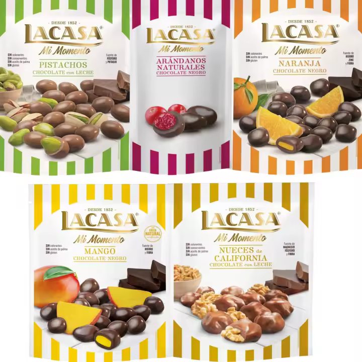 Lacasa Mi Momento pack de 5:Arándano choco Negro 60G,Nueces Leche 115G,Naranja choco Negro 125G,Pistacho Leche 100G,Mango choco Negro 115G - 1