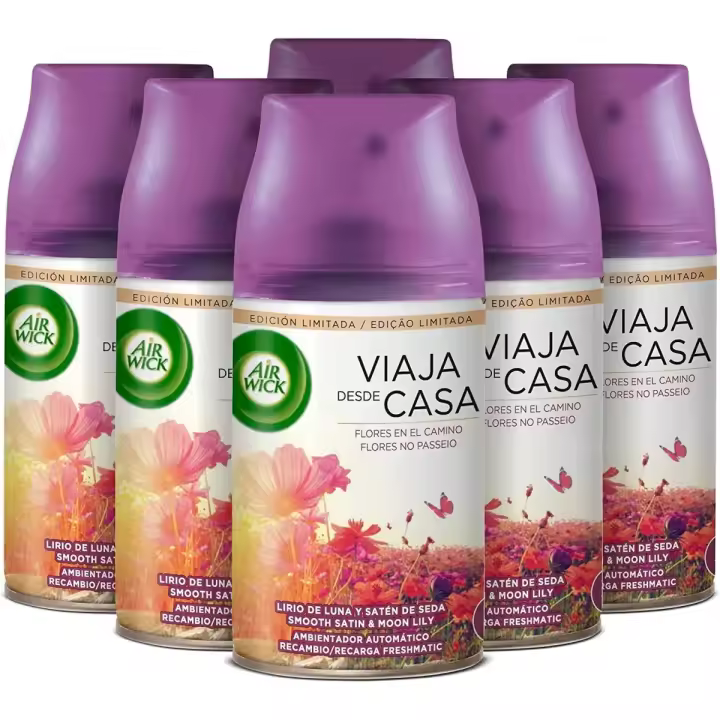 Air Wick Ambientador Freshmatic - Set Lote 6 Recambios, Ambientador para Casa, Diferentes Aromas, Neutraliza Malos Olores, Flor Frescor, Flores Blancas, Lirio de Luna, Nenuco, Oasis Turquesa, Delicias de Verano, Lavanda y Camomila - 1