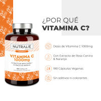 VITAMINA C 1000 mg Pura - con Rosa Canina + Ácido Ascórbico - Cansancio Defensas - Antioxidante - Bioflavonoides + Vitamin C Pura Natural Vegana - 180 Cápsulas Veganas Nutralie - details 1