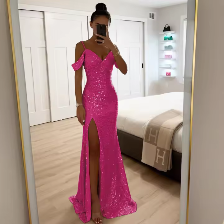 Vestido De Fiesta Casual Largo Con Abertura Y Lentejuelas Estilo Europeo Y Estadounidense Para Mujer Vestido Halter Sin Costuras De Verano Y Otoño - 1