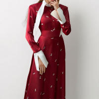 Vestido Elegante Mujer Rojo Estampado Manga Larga Botones Patchwork Casual Cintura Alta Midi Vestido Frontera A-Line Oficina - details 5