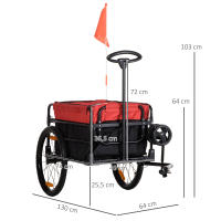 HOMCOM 2 en 1 Remolque de Bicicleta para Carga 40 kg Carro de Mano con Bandera Mango de Empuje Desmontable Marco de Acero y Reflectores 130x64x103 cm Negro y Rojo - details 2