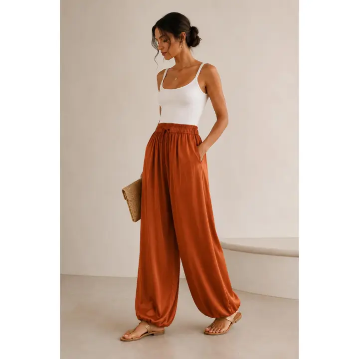 VIVI Pantalón palazzo satinado para mujer con cintura elástica y cordón ajustable, diseño fluido y elegante ideal para primavera, verano y otoño, talla única 36-42 - 1