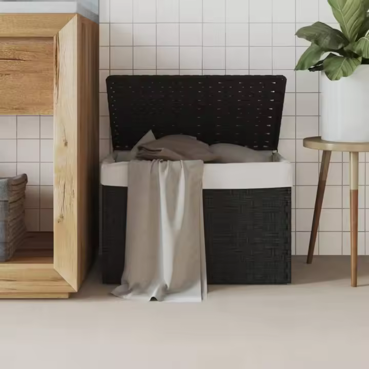 vidaXL Cesto de ropa sucia con tapa ratán sintético negro 55,5x35x34cm - 1