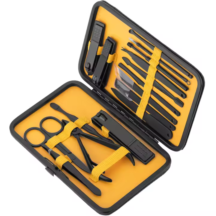 Kit de estuche de manicura y pedicura profesional set de 16 accesorios de acero inoxidable color negro - PrimeMatik - 1