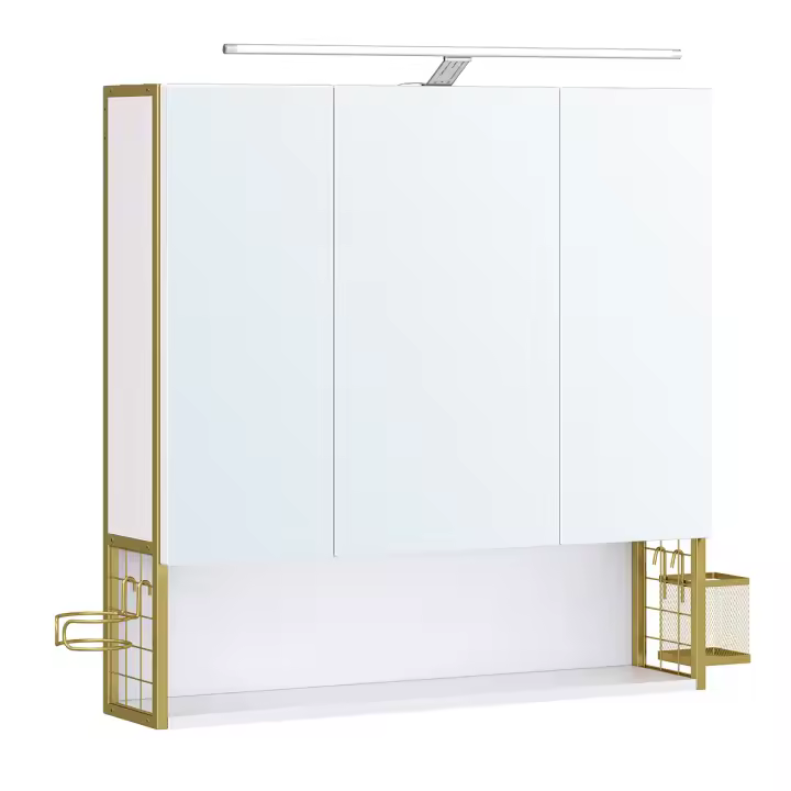 VASAGLE Armario de Baño con Espejo 3 Puertas, Mueble de Pared con Espejo, Enchufe, Cesta Colgante, Soporte para Secador de Pelo, para Baño, Lavabo, Blanco Nube y Verde Claro Dorado/Blanco Nube/Blanco Nube y Gris Paloma - 1
