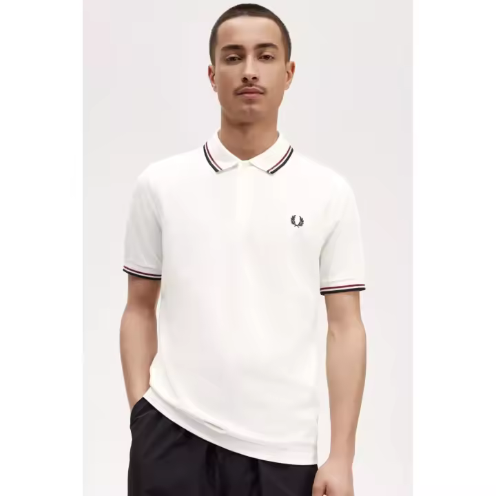 Fred Perry Polo Hombre Blanco Ribetes Rojos y Azules - 1