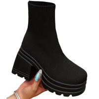 Botas De Mujer Lightweight Casual Con Plataforma Y Tacón Chunky Block Moda Invierno Calf High Sock Botas Material Elástico - details 2