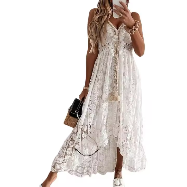 Sin Mangas, Cuello en V, Vestido Fruncido con borlas, Vestido Largo con Volantes y Fruncido con Cordones para Mujer - 1