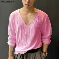 Camiseta De Hombre INCERUN Estilo Coreano 2024 Moda Casual Cuello V Pleated Suelto Manga Larga Cómoda Tallas S-5XL - details 1