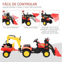 HOMCOM Tractor a Pedales con Remolque Excavador con Pala Frontal Juguete de Conducción para Mayores de 3 Años Dirección y Palas Fáciles de Controlar Soporta hasta 35 kg 179x42x59 cm Rojo - details 2