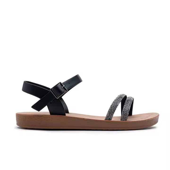 Sandalias Mujer planas con tiras de diamantes y correa con hebilla - 1