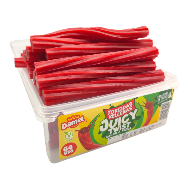 Torcidas de Fresa Rellenas de Gelatina - 64 Unidades - DAMEL - Veganas - Con Zumo de Frutas - Regaliz Rellena Damel