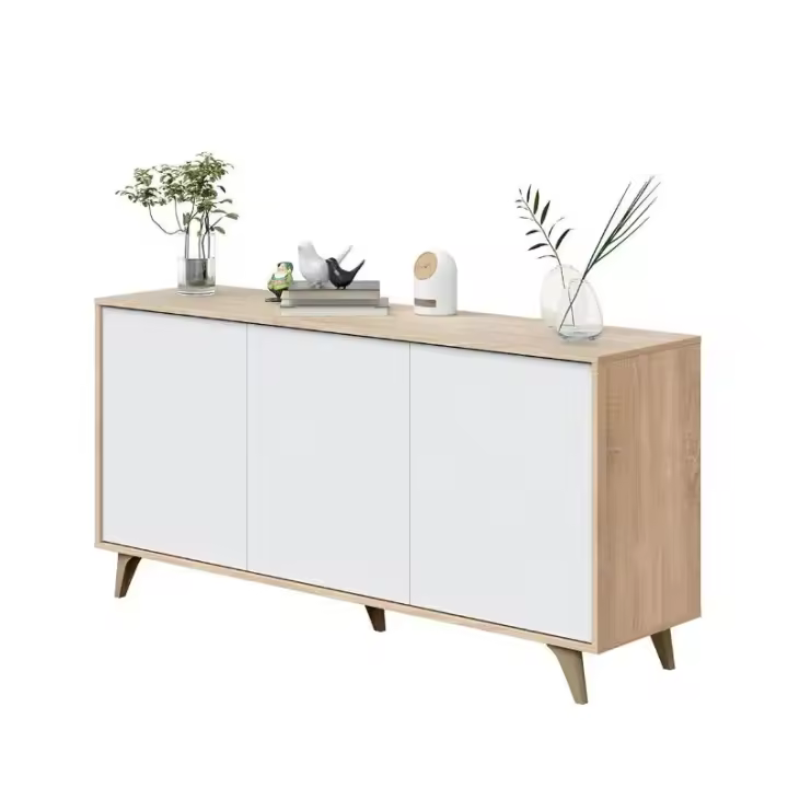 Meimon Aparador KIKUA PLUS de 3 puertas con estantes interiores, fabricado en tablero de partículas melaminizado E1, cantos en PVC, sistema de apertura push, bisagras metálicas, patas ABS en color del mueble, acabado Roble Canadian y Blanco Artik - 1