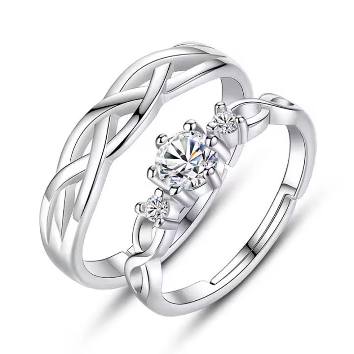 Anillo de Bodas de Piedras preciosas Réglable Plata de Ley 925 Pareja Bague Conjunto de anillos de Diamantes de Plata - 1