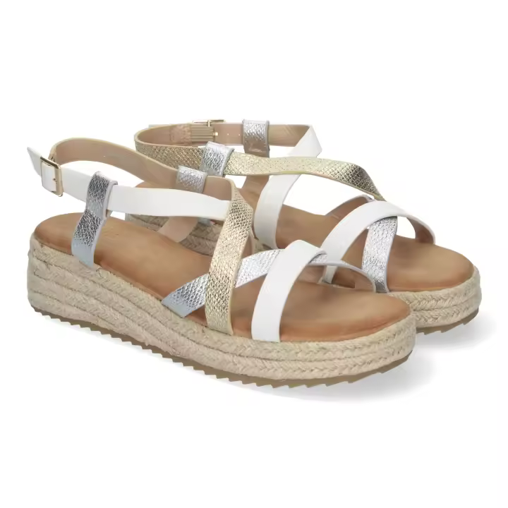 Davinia Shoes Sandalias de Planas para Mujer, Elegantes y Comodas con Detalles Entrecruzados, Cierre de Hebilla, Perfectas para Primavera-Verano. Shoes&Blues.es CF-2457-Blanco - 1