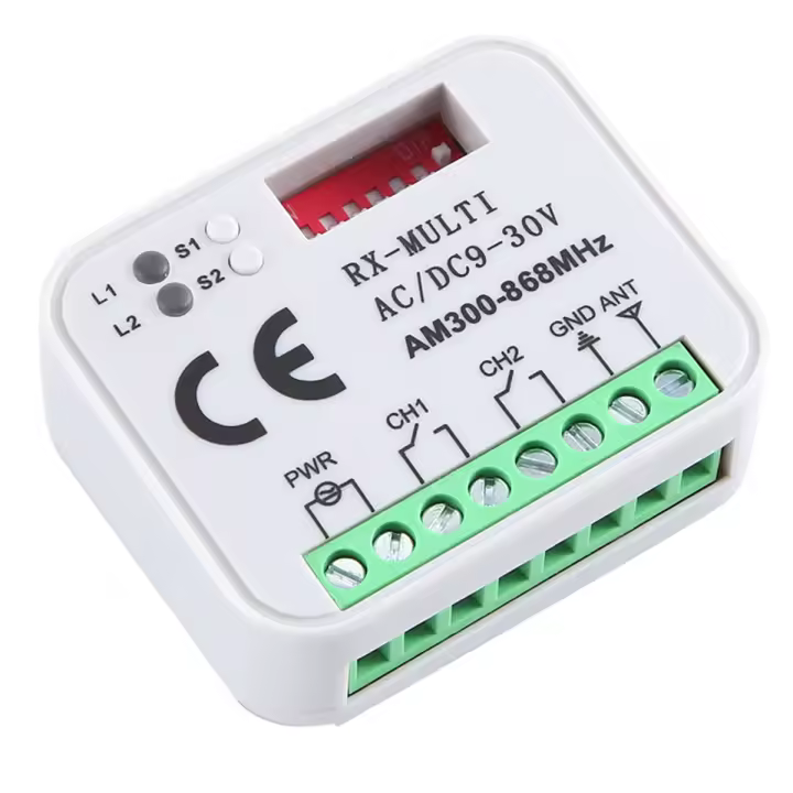 Módulo de Relevo Universal RX Multi Frecuencia 300-868MHz Receptor 2CH 12V 24V Control Remoto para Puerta de Garaje 433.92MHz 868MHz Hecho de Metal y PVC - 1