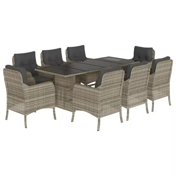 vidaXL Set comedor de jardín 9 pzas cojines ratán sintético gris claro - 1