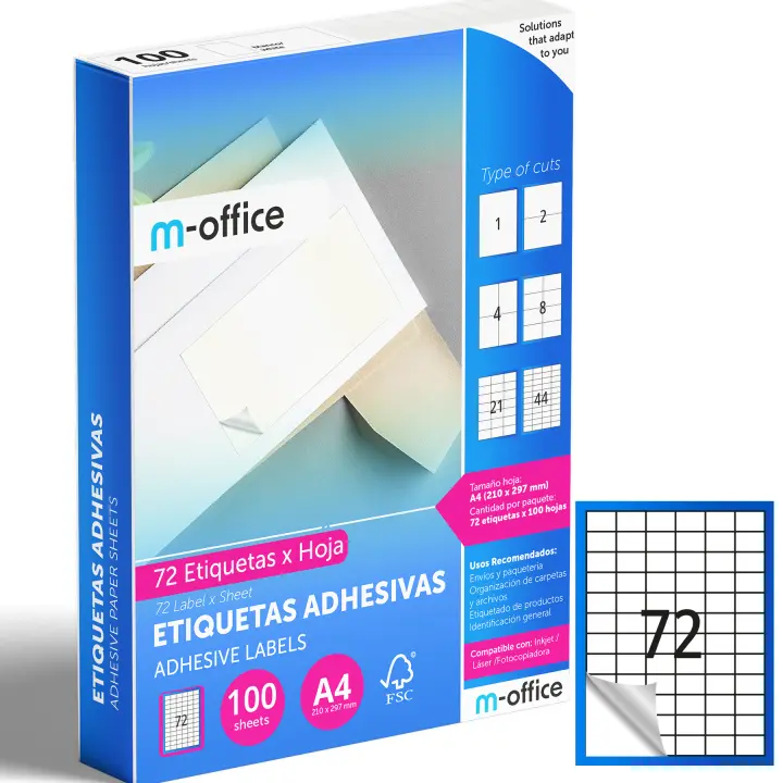 M-office Etiquetas Adhesivas A4 compatible con Label Printer, Pegatinas Blancas Adhesivas para Uso Diario, Papel Adhesivo para Imprimir, Pegatinas para Escribir (72 por hoja, 100h) - 1