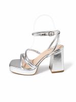 Sandalias plateadas de tacón ancho para mujer con plataforma y tiras elegantes. Comodidad y estilo para bodas, fiestas y eventos especiales. - details 1