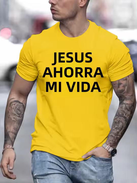 Camiseta De Algodón 100% Para Hombre Con Estampado JESUS SAVED MY LIFE Cuello Redondo Manga Corta Casual Para Todo El Año - 1