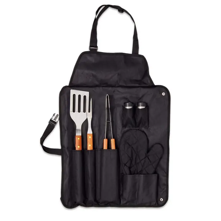Deliex delicias de Extremadura. Set Barbacoa con Utensilios, Delantal y Manoplas, Regalos Original para Hombres y Mujeres, Pinza, Paleta y Tenedor en Acero INOX y Madera Ideal para los amnates de Las barbacoas y parrilladas. - 1