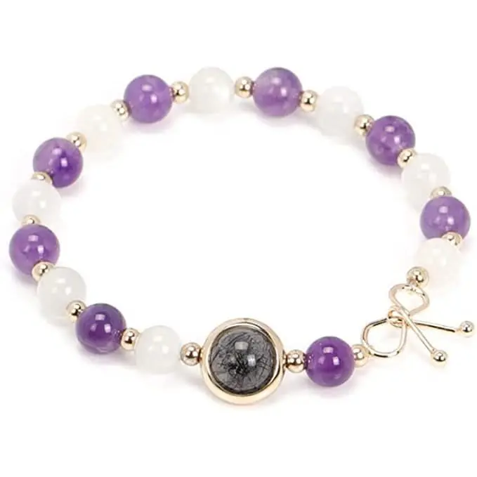 Pulsera - Mujer - Amatista Piedra Lunar - 18 cm-6mm-Elegante y amuleto de la supervivencia - 1