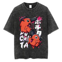 Camiseta Vintage Washed Chainsaw Man Anime Para Hombres Harajuku Oversize Tee Algodón Moda Streetwear Unisex Tops Ajustable - details 3